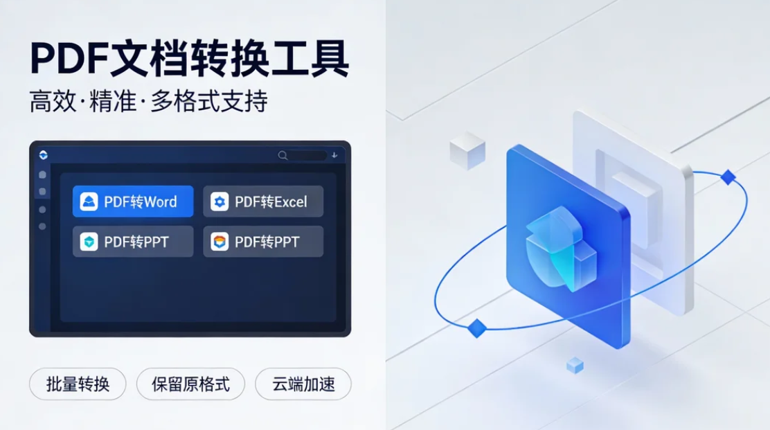 这是一张展示PDF文档转换工具的宣传图，左侧显示了软件界面，支持PDF转Word、Excel、PPT等功能，强调高效、精准和多格式支持。右侧为抽象的蓝色图标设计，象征数据转换与科技感。底部标注了批量转换、保留原格式和云端加速三大特性。