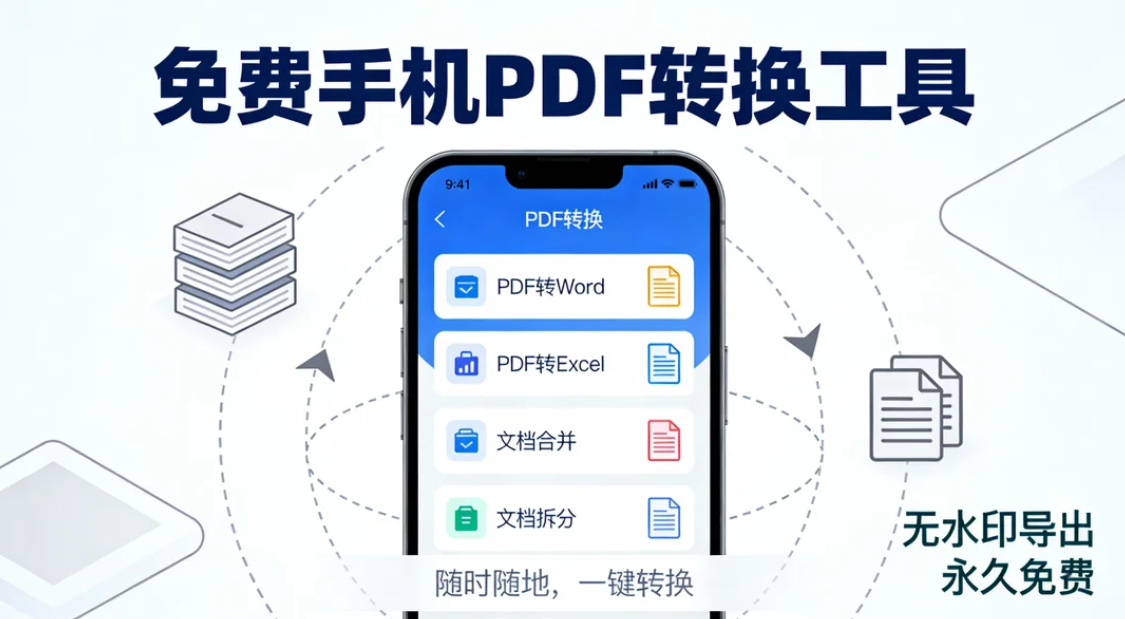 这是一张宣传免费手机PDF转换工具的广告图，展示了一款手机应用界面，支持PDF转Word、PDF转Excel、文档合并与拆分等功能。图片强调随时随地一键转换、无水印导出且永久免费，周围配以文件图标和简洁设计，突出便捷性和实用性。